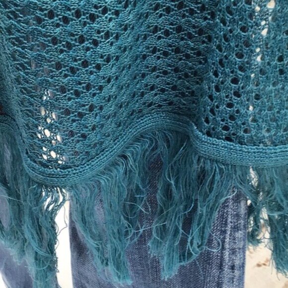 Teal Open Knit Sleeveless SmLong Cardigan With Fringe Hem & Geometric Back Panel - Picture 8 of 12